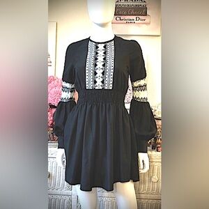 Mame Kurogouchi Black Mini Dress Embroidered & pleated w/balloon sleeves Size XS